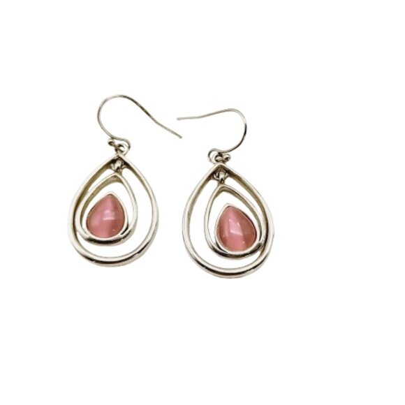 Lia Sophia Teardrop Dangle Earrings Pink Rose Glass Stone Silvertone Double Hoop - Picture 8 of 11